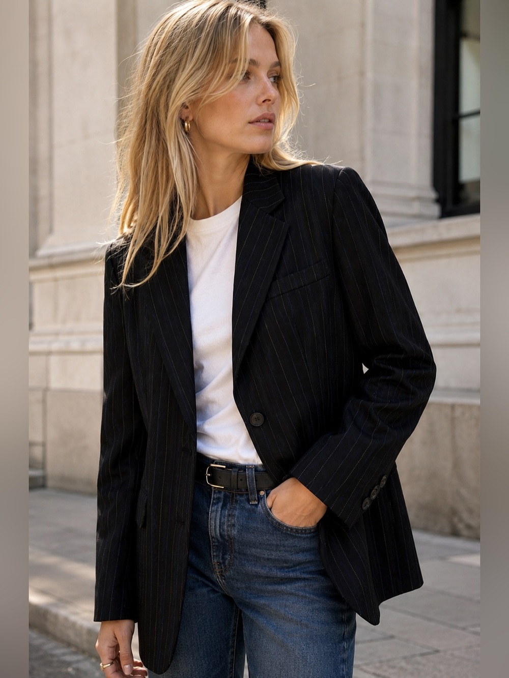 Vintage Ralph Lauren 100% Wool Pinstripe Blazer Black Size 6